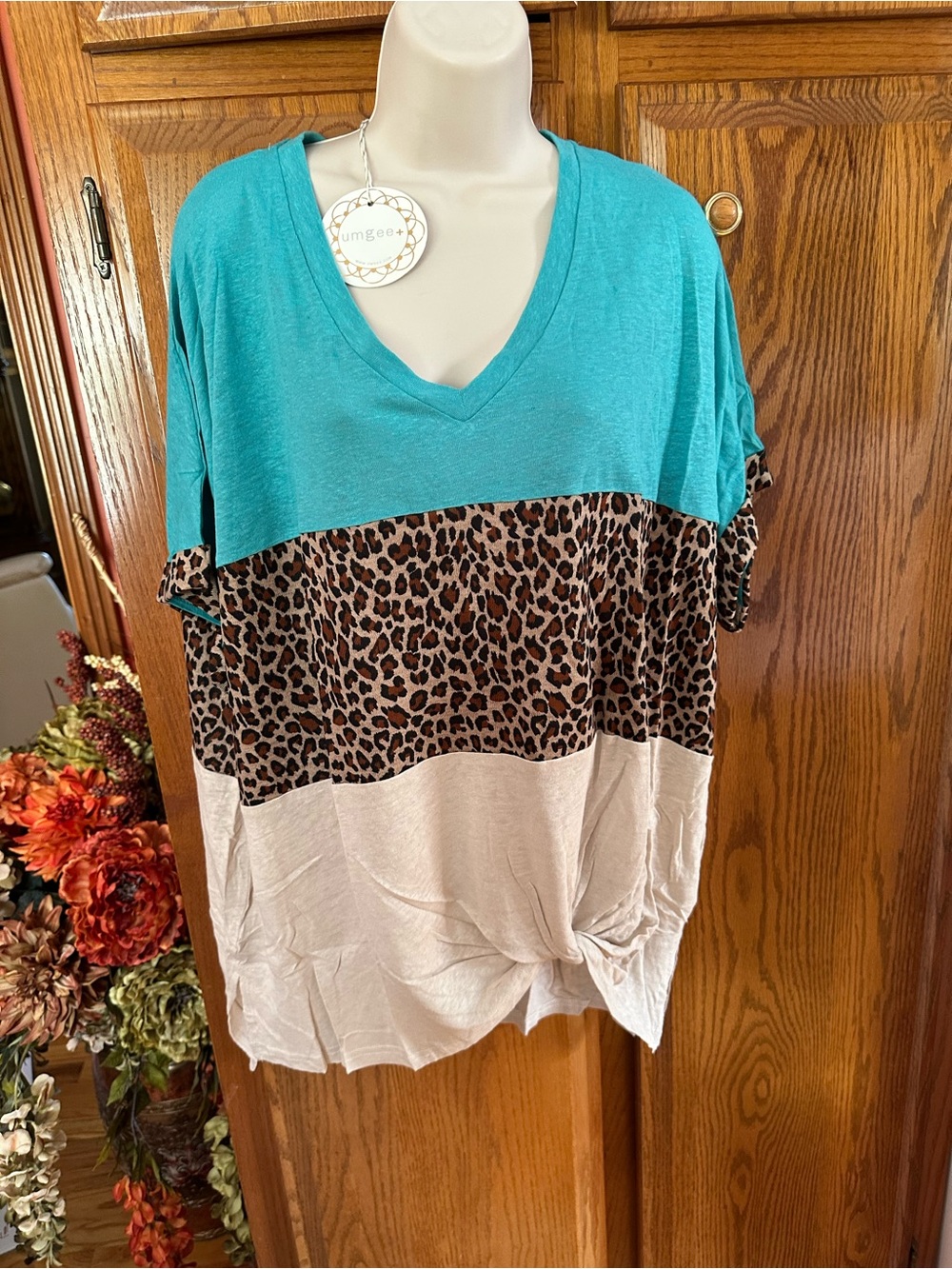 Umgee Teal Colorblock V-Neck Top with Leopard and Cream Panels